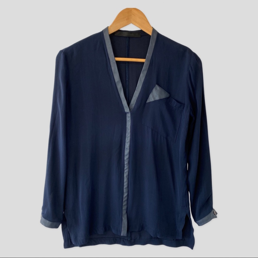 Daniela Corte Blue Leather Trim V-Neck Silk Blouse Eu38 ($465)